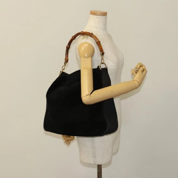 GUCCI Bamboo Shoulder Bag Suede Black Gold - Picture 1 of 16